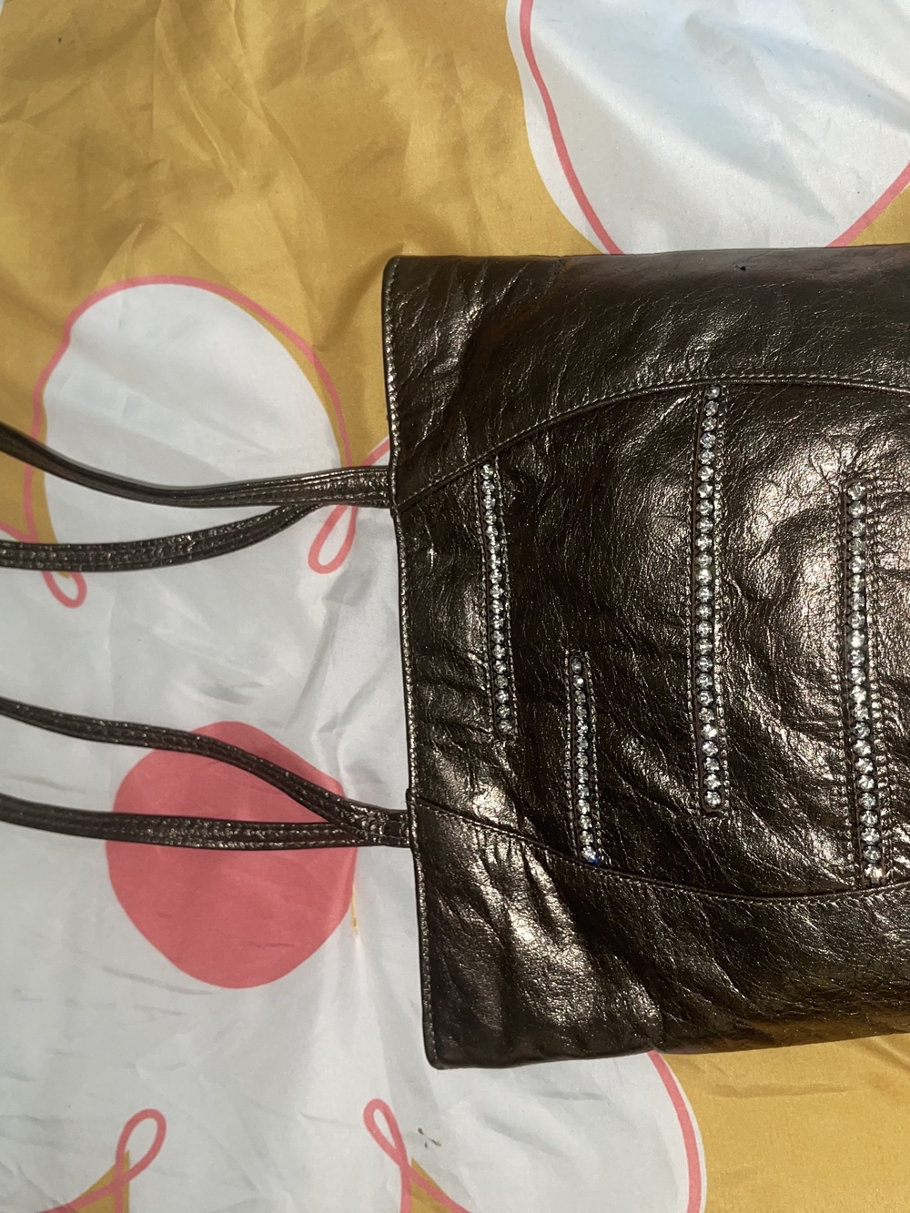 Women's Black Leather Tote Bag with Rhinestone Detail